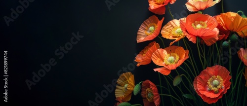 Flower spring summer background banner panorama - Beautiful close up of red blooming poppies poppy Papaver rhoeas flowers, isolated on black background banner panorama photo