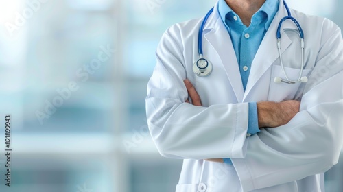 Happy smiling male doctor with stethoscope on the blur hospital background. AI generated image