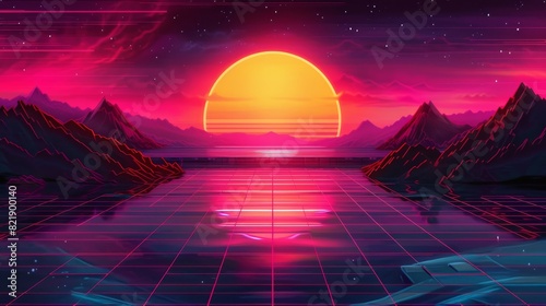 Surreal artwork of a reflective neon lake mirroring a sun setting behind sharp mountains, under a starry night sky. photo
