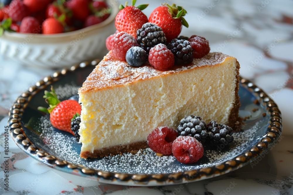 Ricotta Cheesecake: A slice of light and creamy ricotta cheesecake, possibly garnished with fresh berries. Ricotta Cheesecake: A slice of light and creamy ricotta cheesecake, possibly garnished with fresh berries.