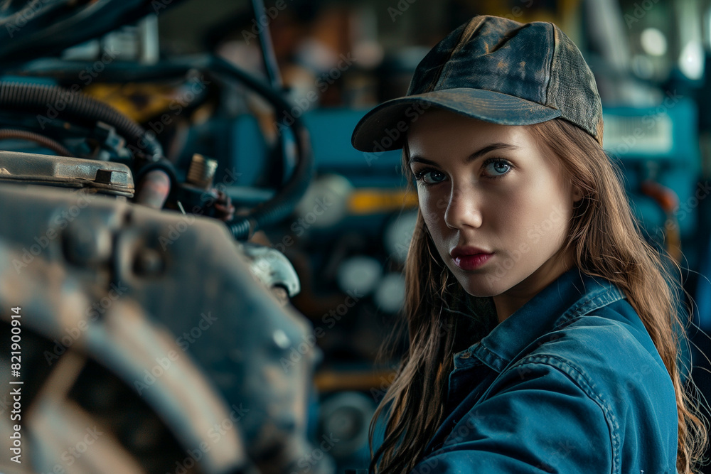 A woman in a blue shirt and hat is looking at the camera