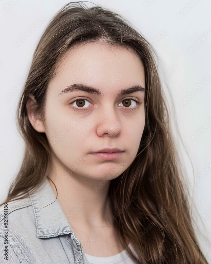 Young woman with neutral expression and long hair Young woman with neutral expression and long hair