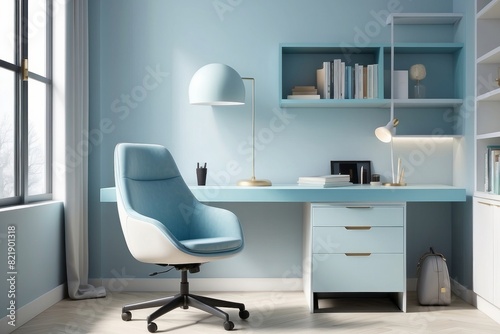 UPFrosty White Study Room Design With Light Blue Swivel Chair-enhance-6x