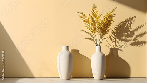 plant vase in front of the light yellow wall background, cozy yellow wallpaper, yellow background with light, ai generated