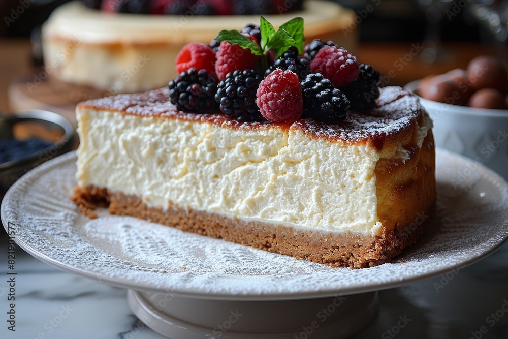 Ricotta Cheesecake: A slice of light and creamy ricotta cheesecake, possibly garnished with fresh berries. Ricotta Cheesecake: A slice of light and creamy ricotta cheesecake, possibly garnished with fresh berries.