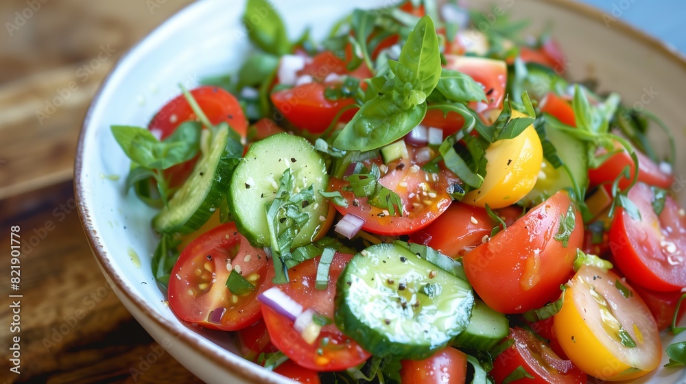 Summer salad of red and yellow tomatoes, fresh cucumber and herbs dressed with olive oil in a deep plate. summer healthy eating.