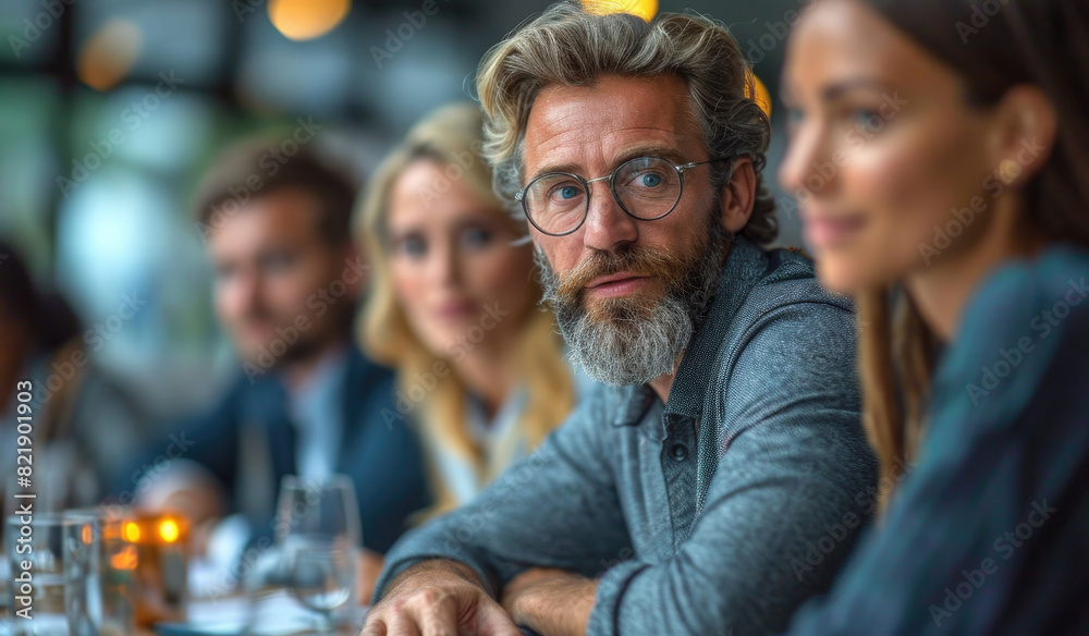 Middle age male sitting at table in cafe with colleagues Middle age male sitting at table in cafe with colleagues