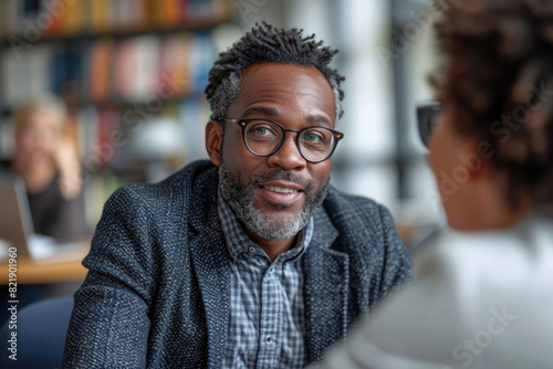 African-American man with glasses talking to a woman in a library