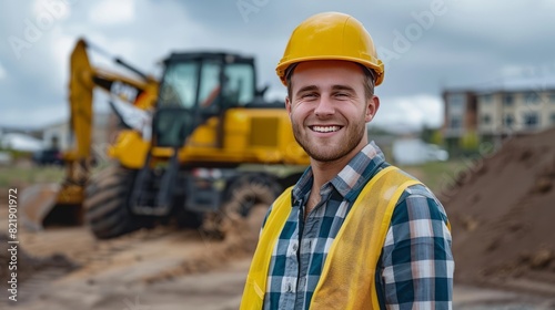 Portrait Of A Smiling Construction Worker Wearing A Hard Hat And Safety Vest Standing In Front Of A Backhoe.