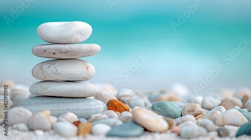 Pebbles Stacked On The Beach With Blurred Background Of The Ocean.