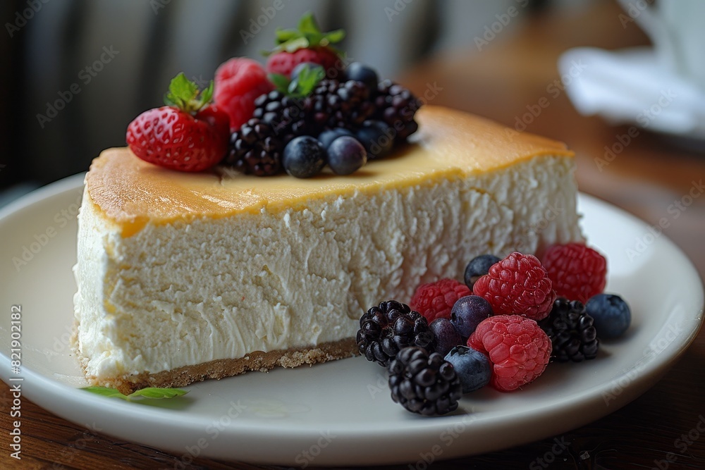 Ricotta Cheesecake: A slice of light and creamy ricotta cheesecake, possibly garnished with fresh berries. Ricotta Cheesecake: A slice of light and creamy ricotta cheesecake, possibly garnished with fresh berries.