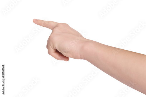 Male hand caucasian with index finger pointing to something. PNG isolated on transparent background