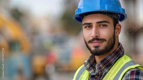 Confident Construction Worker Wearing Hardhat At Job Site photo