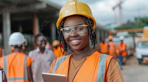 Confident Female Construction Worker Wearing Hard Hat And Safety Glasses At A Building Site photo