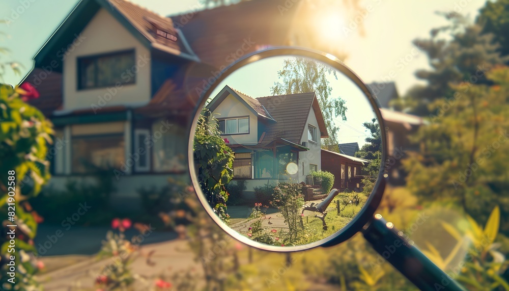 Obraz premium An outside view through a magnifying glass of the house, real estate