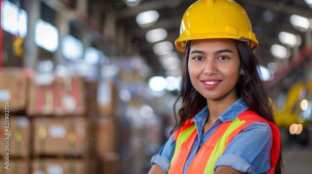 Portrait Of A Smiling Female Worker Wearing A Hard Hat And Safety Vest In A Warehouse. Portrait Of A Smiling Female Worker Wearing A Hard Hat And Safety Vest In A Warehouse.
