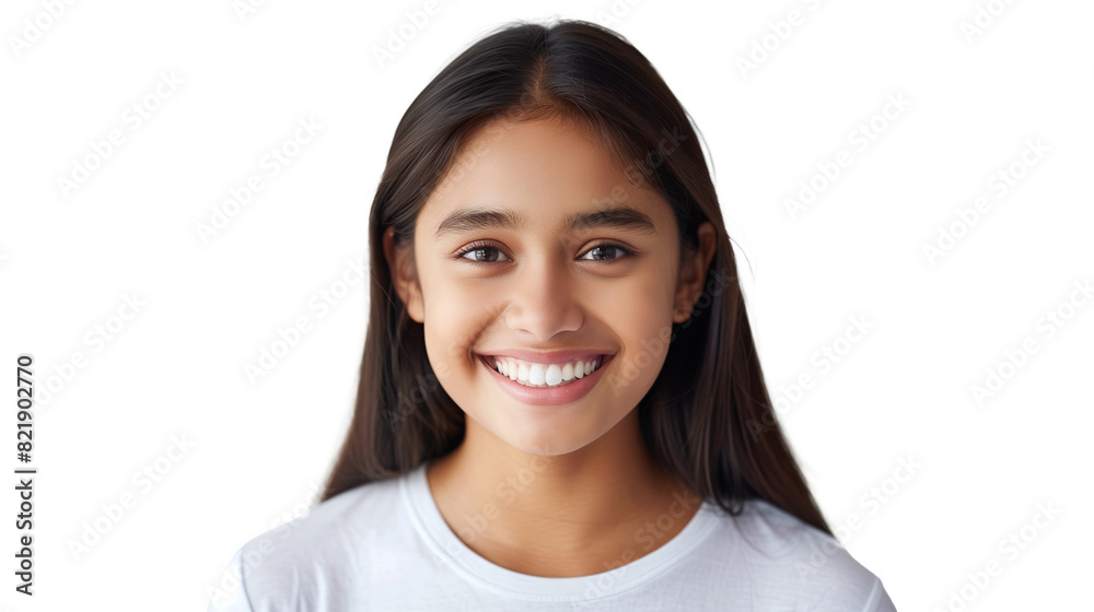 a closeup photo portrait of a beautiful young asian indian model woman smiling with clean teeth. used for a dental ad. isolated on white background. a closeup photo portrait of a beautiful young asian indian model woman smiling with clean teeth. used for a dental ad. isolated on white background.
