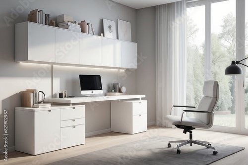 Frosty White Study Room Design With Open And Closed Storage Unit
