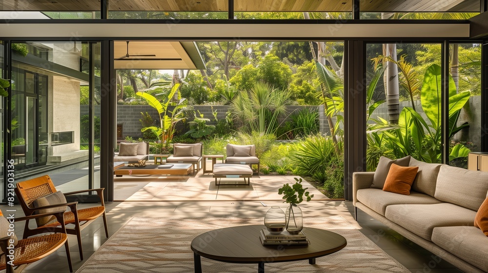 A modern living room with an indoor-outdoor flow A modern living room with an indoor-outdoor flow