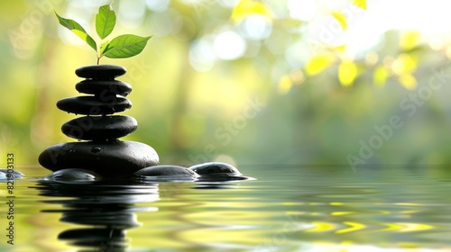 A Stack Of Black Stones With A Green Leaf On Top  Sitting In A Shallow Body Of Water. The Water Is Reflecting The Stones And The Leaf. The Background Is A Blurred Green And Yellow.