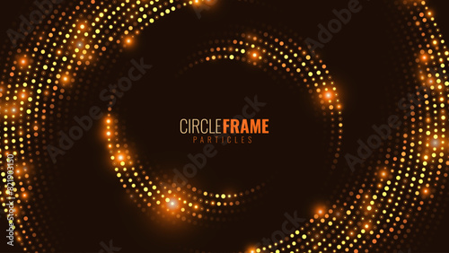 Abstract Golden Glittering Halftone Circles. Festive Disco Party Flyer Round Frame For Graphic Design. Luxury Glowing Dots Circle. Christmas Bokeh Party Background. Vector Illustration.