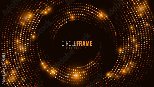 Abstract Golden Glittering Halftone Circles. Festive Disco Party Flyer Round Frame For Graphic Design. Luxury Glowing Dots Circle. Christmas Bokeh Party Background. Vector Illustration.