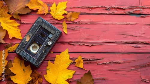Overhead view of an antique cassette player surrounded by scattered yellow autumn leaves on a rustic red wooden surface.