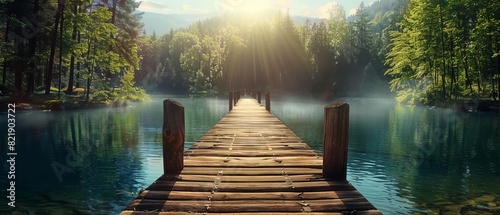 Sunlit wooden pier stretches over serene lake surrounded by lush forest, mist rising with mountains in the background.