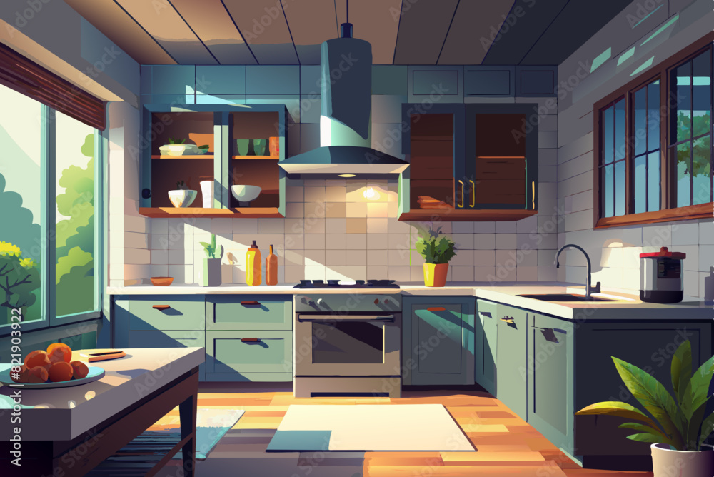 Rangehood over stove in spacious kitchen
