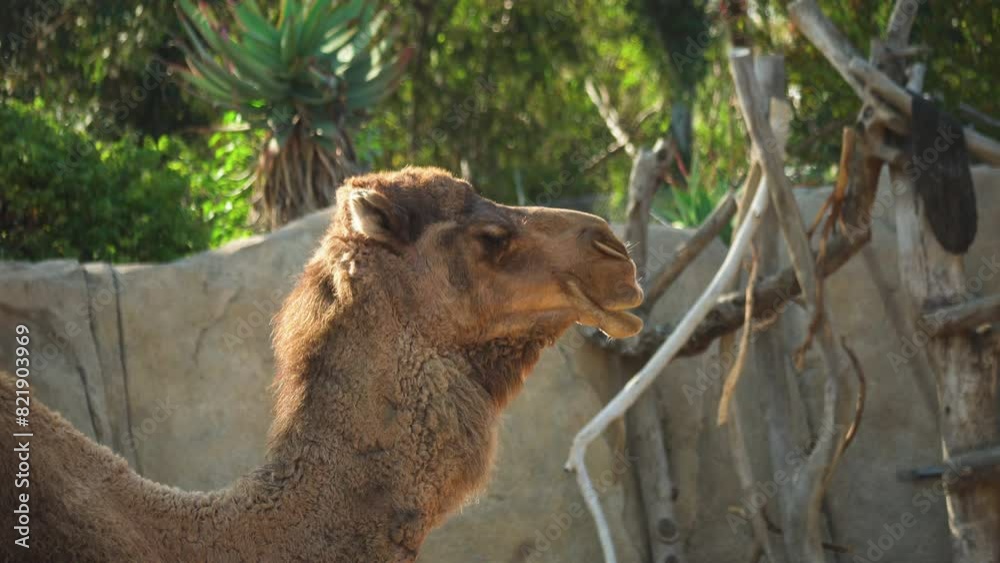 Camel chewing side face closeup view at San Diego Zoo, California, USA