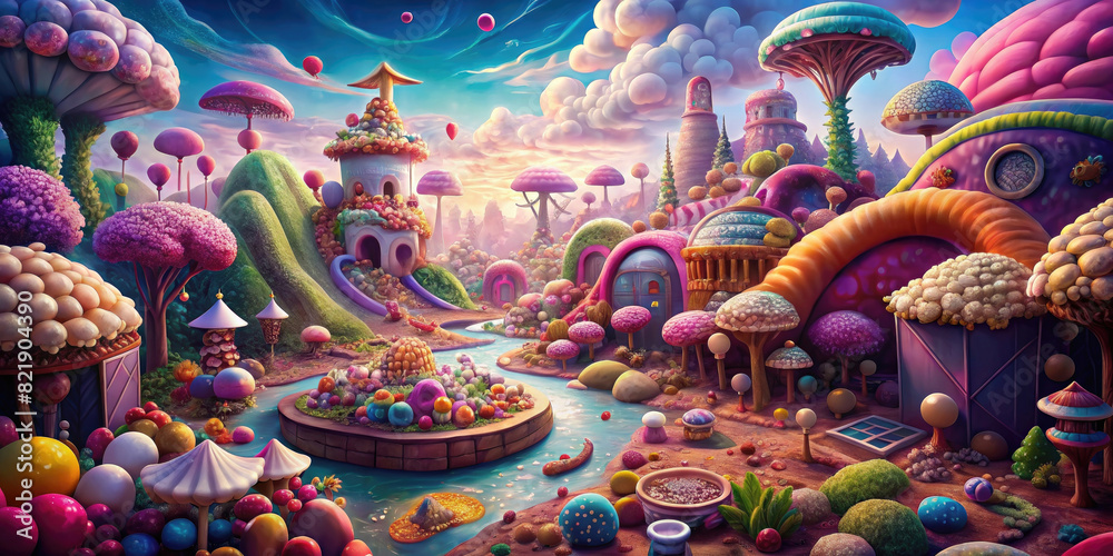 Fantasy landscape with fairy tale castle and rainbow, marshmallows stones and candies trees. Candyland concept.