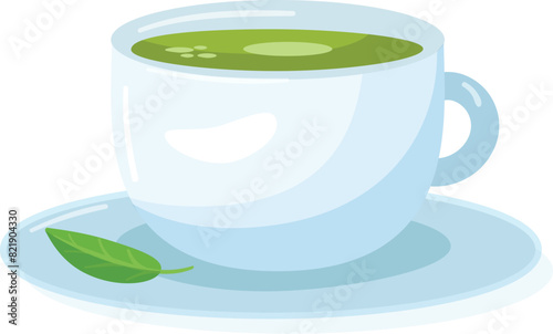 Illustration of a ceramic cup with green tea and a single leaf on a saucer, isolated on white