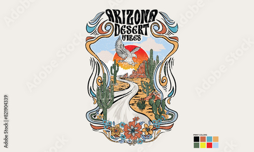 Eagle fly. Desert adventure. Sunshine desert. Arizona road trip.  Arizona desert vibes graphic print for fashion and others. 