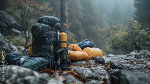 Up-close view highlights the critical gear for wilderness mountain hiking and camping, including backpacks, sleeping pads, headlamps, and survival kits photo