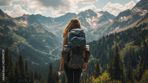 In the heart of nature's grandeur, a young woman embarks on a backpacking adventure in the mountains