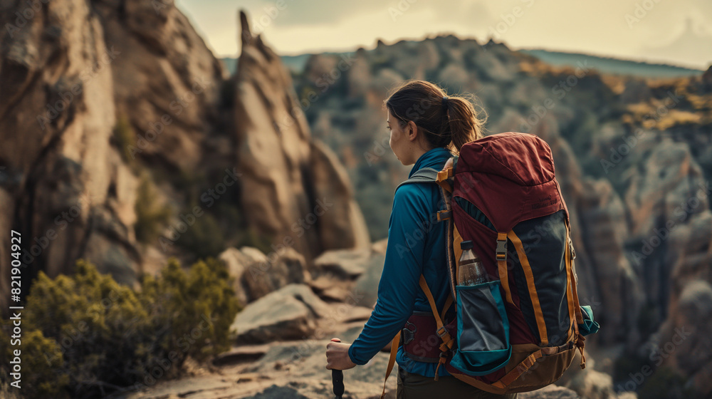 Amidst a majestic rocky mountain landscape, a close-up reveals a girl traveler hiking with her backpack, highlighting the rugged terrain and her passion for the outdoors Amidst a majestic rocky mountain landscape, a close-up reveals a girl traveler hiking with her backpack, highlighting the rugged terrain and her passion for the outdoors