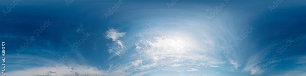blue summer sky panorama with Cirrus clouds. Seamless hdr spherical 360 panorama. Sky dome in 3D visualization, sky replacement for aerial drone 360 panoramas. Climate and weather change.