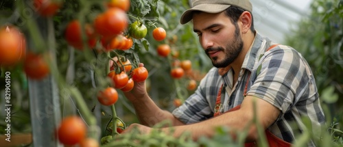 A young farmer harvesting ripe red tomatoes in a greenhouse, showcasing sustainable and organic farming practices.