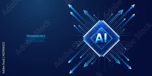 AI chip with light growth arrows and circuit elements. Artificial Intelligence background. AI innovation concept. Technology bg. Low poly wireframe vector illustration. Abstract digital polygonal art.