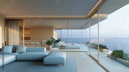 A sleek living room with a luxury coastal theme © farhan