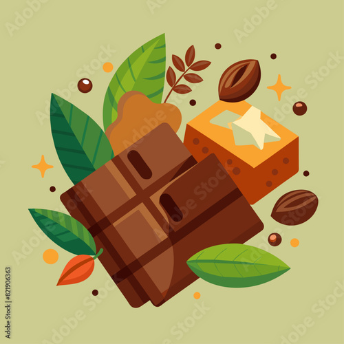 Chocolate with cocoa beans and leaves. Dessert and confectionery concept. Design for posters, banners, print