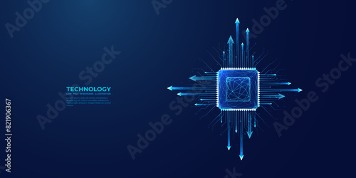 Light blue CPU on technology dark background. Abstract digital polygonal computer processor or chip with growth arrows and circuit board elements. Technology bg. Ai chip. Low poly vector illustration. (ID: 821906367)