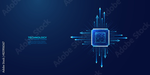 Light blue CPU on technology dark background. Abstract digital polygonal computer processor or chip with growth arrows and circuit board elements. Technology bg. Ai chip. Low poly vector illustration.