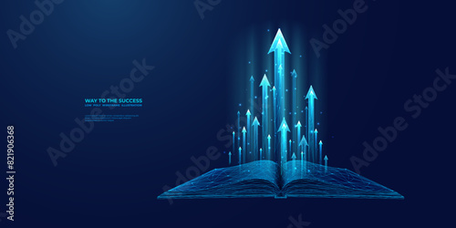 Abstract digital open book and light blue growth arrows. Skill levels growth. Increasing Skills. Technology and knowledge background. Learn concept. Education innovation. Low poly vector Illustration.