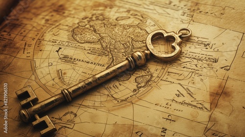 An antique metal key lies atop a vintage world map with intricate geographic details and navigational lines. photo