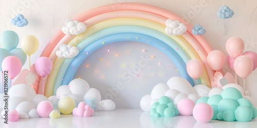 The backdrop composition has a white background with pastel rainbow colored matte balloons arching and fulfilled with clouds and small colorful mushrooms at the center. © SH Design