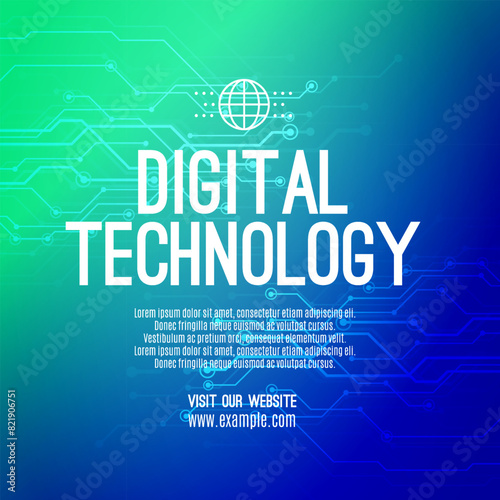 Digital technology social post banner sale template green blue background, abstract cyber information communication, innovation future tech data, internet network connection, Ai big data illustration