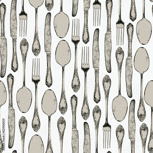 seamless pattern with realistic cutlery fork spoon and knife in vintage style. Suitable for vintage Wallpaper, wrapping paper, fabric
