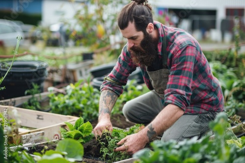 Man Gardening in Urban Community Garden. Organic Food Growing Hobby