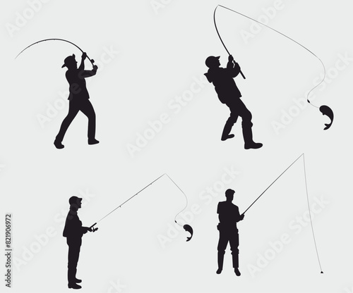 Set of fisherman silhouette. Collection of fishing man. Vector illustration of fishing hobby on white background.
